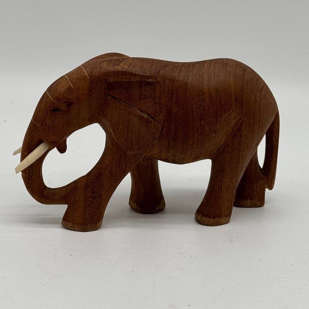 Vintage Mid Century Hand Carved Teak Wood Elephant Figurine Statue Complete Tusk
